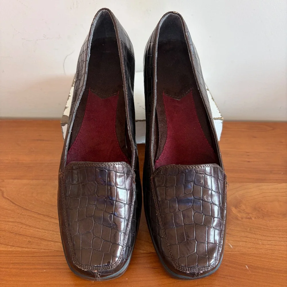 A2 by Aerosoles Tempting Brown Croc Embossed Wedge Loafers Womens 8M